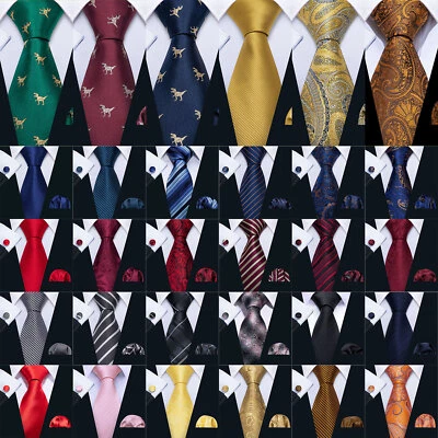 Mens Tie Paisley Floral Solid Striped Necktie Pocket Square Cufflinks Set Prom - Image 1 of 2