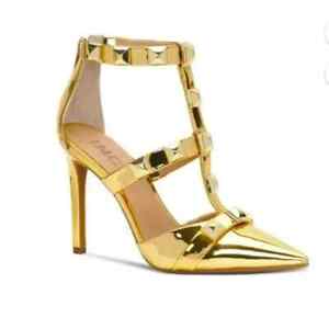 INC Womens Gold Strappy Studded Goring Syndia Pointed Toe Stiletto Zip-Up Size10