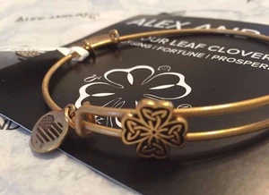 Alex and Ani Four Leaf Clover 🍀 Slider Gold Tone Charm Bangle w/ Storage Pouch - Picture 1 of 5