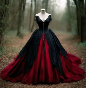 Gothic Black and Red Wedding Dresses Sleeveless Lace Appliques Bridal Gowns - Picture 1 of 8
