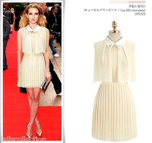 White Collar Shirt Dress with Pleated Skirt in Light Beige 3207 - Picture 1 of 15