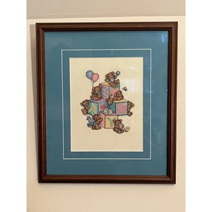 Baby Bear Blocks & Balloons Completed Needlepoint Cross Stitch Bunny Rabbit - Picture 1 of 2