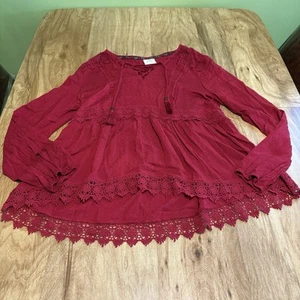 Knox Rose Red Long Sleeve Peasant Lace Trim Stretch Shirt Womens Size Large - Bild 1 von 9