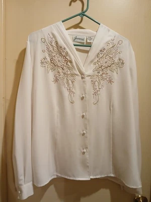 Blusa Joanna Vintage Años 80 Manga Larga XL Blanca Floral Bordada Elegante Foto 1 de 4