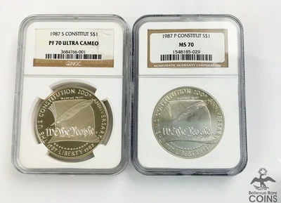 Lot of 2: 1987 US $1 Silver Coins U.S. Constitution NGC MS70 & PF70 Ultra Cameo - Image 1 of 4