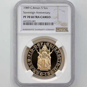 1989 British Elizabeth II Sovereign 500th Ann. 5 Pound Gold Coin Proof NGC PF 70 - Picture 1 of 4