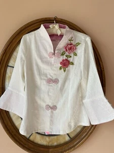 Handmade White Silky Poly Floral Embroidery Frog Snap Closure Asian Jacket Sm - Picture 1 of 7
