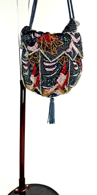 Vtg Micro Beaded Shoulder Bag Floral Pull Close Braided Strap Fits 6" Phone - Image 1 of 4