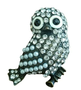 Owl Large Statement Brooch Pin Clear Rhinestones Faux Pearls Bronze Tone Metal - Picture 1 of 5