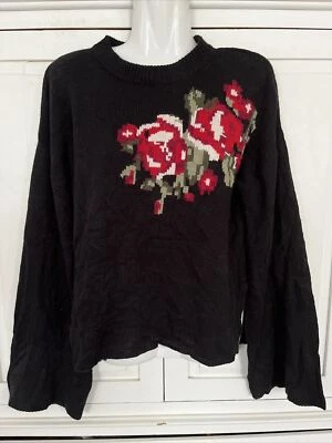 Cupcakes And Cashmere Sweater Size Medium Bell Sleeves Black Floral - Image 1 of 4