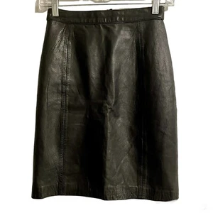 Vintage Express 100% Leather Pencil Skirt Black Size 9 10 Juniors Mini Lined - Picture 1 of 9