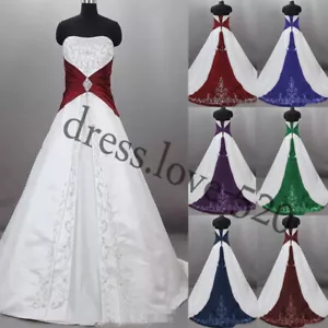 Vintage Wedding Dresses Embroidery Satin Strapless Retro A Line Bridal Gowns - Picture 1 of 26