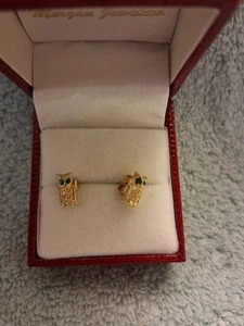 Gold Owl Earrings With Emerald Eyes - Picture 1 of 2