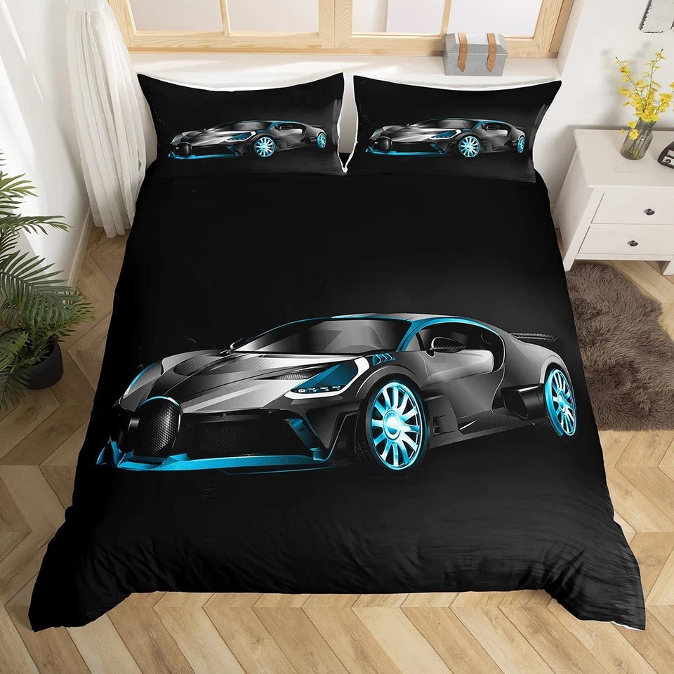 Conjunto de roupa de cama para carro de corrida - Tamanho duplo preto conjunto de capa de edredom para carro esportivo conforto 3D... - Imagem 1 de 4