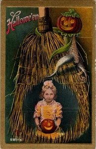 Antigua postal de Halloween niña espeluznante escoba de calabaza borde dorado lijadoras 581 JO5 - Imagen 1 de 2