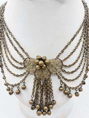 Antique Brass Filigree Bib Necklace Festoon Chain Fringe Dangle ArtDeco Bohemian - Image 1 of 4
