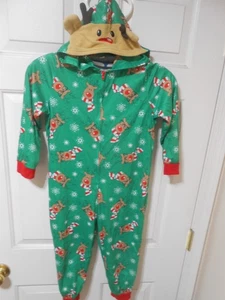 CUTE UNISEX PAJAMA OUTFIT GREEN REINDEER HOODED 1 PC DESIGN SZ 6T KIDS FULL ZIP - Picture 1 of 12