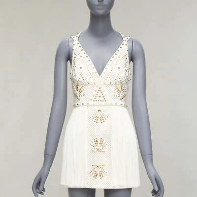 VERSACE 2011 Pasarela Blanco Tachonado Cuero Seda Falda Mini Vestido IT38 XS Foto 1 de 4