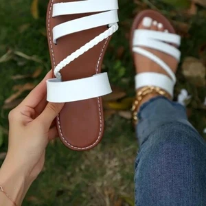 Women's Braided Flat Slide Sandals: Open Toe Faux Leather Non Slip Shoes for Ca - Picture 1 of 4