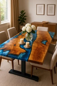Modern Blue Epoxy Resin Dining Table – Custom River Design Wood Table - Picture 1 of 9