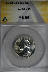 1962 .25 ANACS MS 65 Washington Quarter, Silver 25 Cents (0.25) - Picture 1 of 2