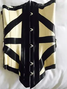 Bondinage Black/White Miranda Rubber Latex X-Stripe Corset with D-Rings, Size XS - Picture 1 of 5