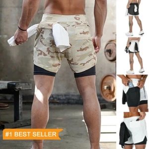 Men Breathab Running Shorts 2 in 1 Sports Jogging GYM Fitness Training Quick Dry - Picture 1 of 20