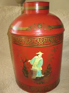 VINTAGE GRANDE CHINOISERIE CINESE ROSSO TOLE WARE CONTENITORE DA TÈ 14" T X 9" W - Foto 1 di 12