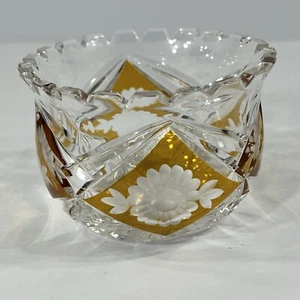 Bohemian Glass ~ Vintage Cut Glass And Amber Dish 2 3/4” Tall And 3.5” Diameter - Picture 1 of 12