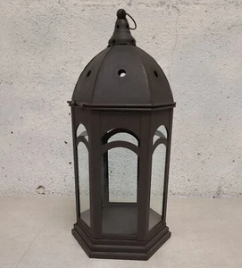 Large Metal Lantern Candle Holder w/ Dome Lid, 6 Sided Glass Panels 16" x 7" - Picture 1 of 12