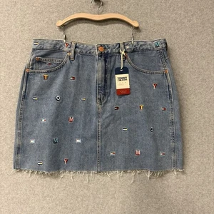 Tommy Hilfiger Denim-Minirock bestickt Logo Damengröße 32 Y2K roher Saum neu mit Etikett - Bild 1 von 10