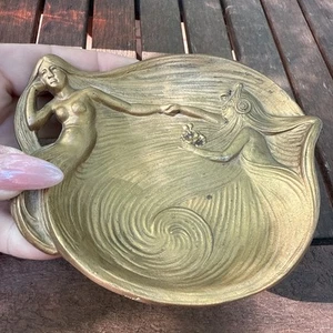 Antique ART NOUVEAU Mermaid Ladies Coin Pin Tray Brass - Picture 1 of 8