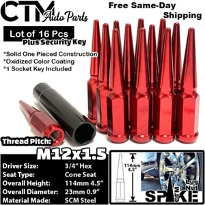 16x 4.5" Tall 12x1.5 Red Spike Lug Nut 3/4" Hex + Key Fit Acura Honda Toyota - Picture 1 of 4
