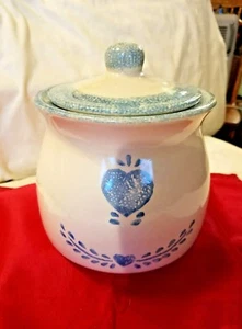 Hermitage Pottery Cookie Jar Country Heart Blue 6 1/2" Tall - Picture 1 of 5