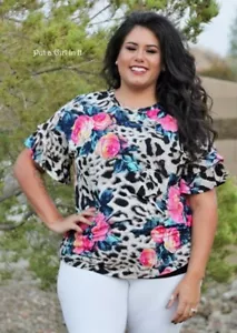 New USA PLUS SIZE Womens LEOPARD FLORAL TIERED BOHO BELL SLEEVE SHIRT TUNIC 1X - Picture 1 of 5