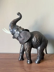 Vintage Mid Century Leather Elephant Figure Glass Eyes Trunk Up 14” - Picture 1 of 13