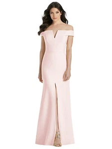 Dessy 3038..Off-the-Shoulder Notch Trumpet Gown with Front Slit...Blush...Sz 16 - Picture 1 of 4