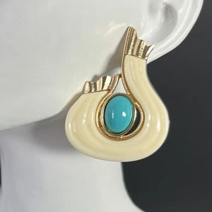 Modernist Lucite Earrings Turquoise Cream Cabochon Gold Tone Pierced Statement - Picture 1 of 8