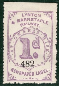 GB Devon *LYNTON & BARNSTAPLE RAILWAY* Newspaper Stamp 1d Violet RARE Mint PIW1 - Picture 1 of 10