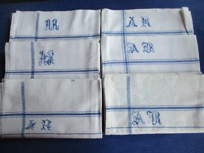 Lot N°55 de 6 torchons en coton monogramme AR différent bleu rayures bon état - Photo 1/4
