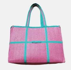 Ralph Lauren Womens Pink Blue Woven Straw Fabric Lined Handbag With Purse - Picture 1 of 13