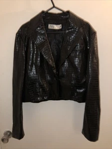ZARA Black Faux Leather Mock Croc Reptile Jacket S Cropped Boxy Fit - Picture 1 of 3