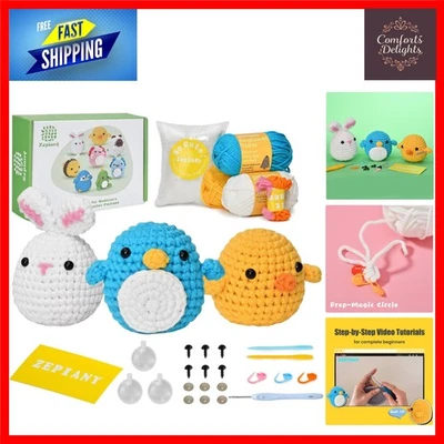 Beginner Crochet Kit for Adults: Create Adorable Rabbit, Penguin, Chick Animals - Image 1 of 4