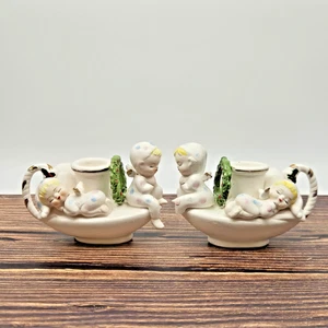 Napco Sleeping Angels Candle Holder Christmas Wreath Ceramic Original Box FLAW - Picture 1 of 13
