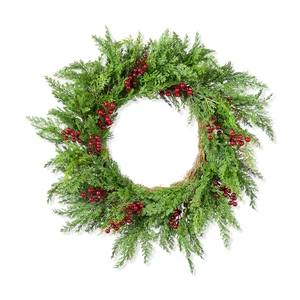 24"D Christmas Greenery PE Dripping Cedar Wreath with Red Berries - Picture 1 of 11