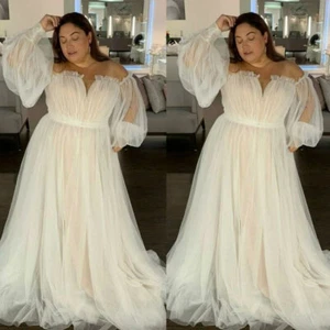 Plus Size Wedding Dresses Puffy Long Sleeve Off The Shoulder V Neck Bridal Gowns - Picture 1 of 9