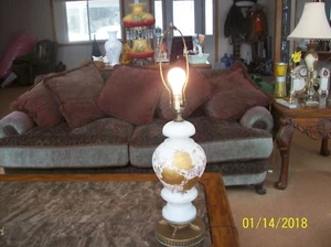 Gilted Gold Leaf Enamel Floral Pattern Vintage Large Glass & Brass Table Lamp - Picture 1 of 12