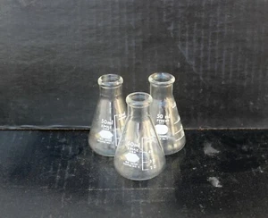 (3) PYREX Kimax 50mL Graduated Narrow Mouth Erlenmeyer Flasks Glass Heavy Rim  - Picture 1 of 4