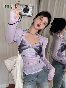 Y2k Mesh Tops Grunge Aesthetic Print T Shirt Women Japanese Tie Dye Tee Tops - Picture 1 of 10