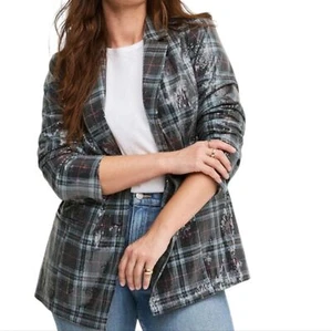 NWT Torrid Sequin Button Front Blazer Plaid blue black satin interior size L - Picture 1 of 14